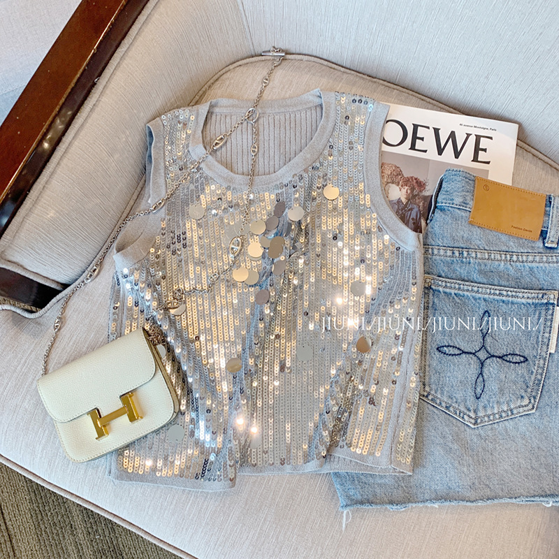 High-End Gray Sequin Knitted Sleeveless Top Vest for Women 2025 Summer New Style Retro Outer Wear Casual Suspender Belt