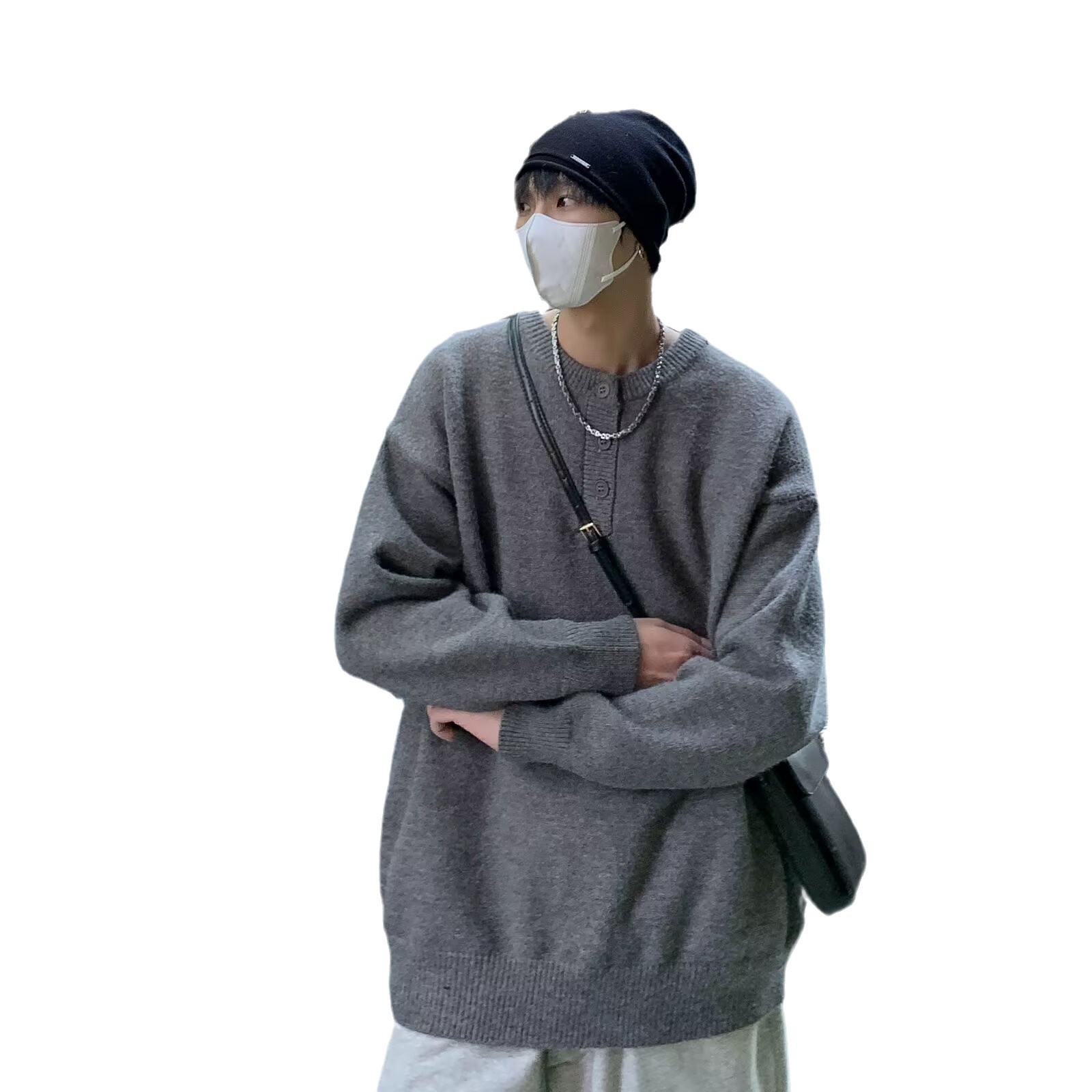 (2개) 일본식 레트로 버튼 스웨터 남자 겨울 그레이 하이 엔드 캐주얼 루즈 올 매치 한국 스타일 유행 니트 탑