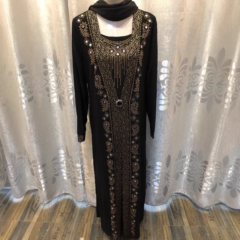 Plus-Size Women's Clothing Elegant Long Dress New African Crystal Linen Plus-Size Rhinestone Robe Dress Set