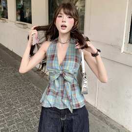 性感辣妹蝴蝶结格纹挂脖背心2025夏季新款收腰显瘦外穿上衣女ins