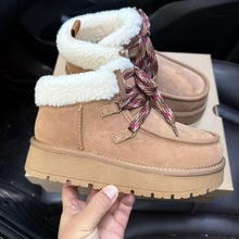 冬季新款短筒系带毛口雪地靴女厚底牛皮羊皮毛加绒保暖鞋增高低帮