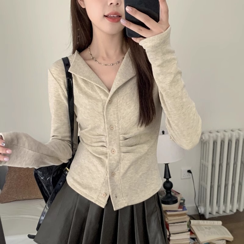 0699#250G绵羊绒女薄款2025秋季新款纯色短款外套翻领上衣长袖t恤|undefined