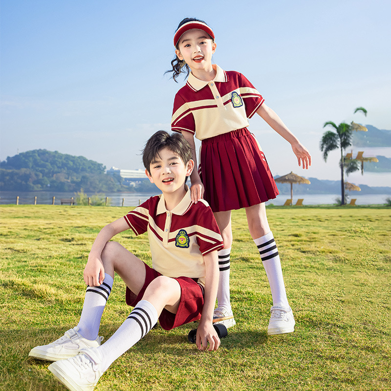 초등학생을위한 어린이 클래스 옷 세트 교복 버건디 봄 가을 옷 유치원 정원 여름 옷