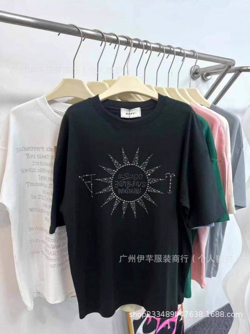 여성용 티셔츠 하이 버전 여성용 루즈 핫 스탬핑 반팔 티셔츠 핫 스탬핑 티셔츠