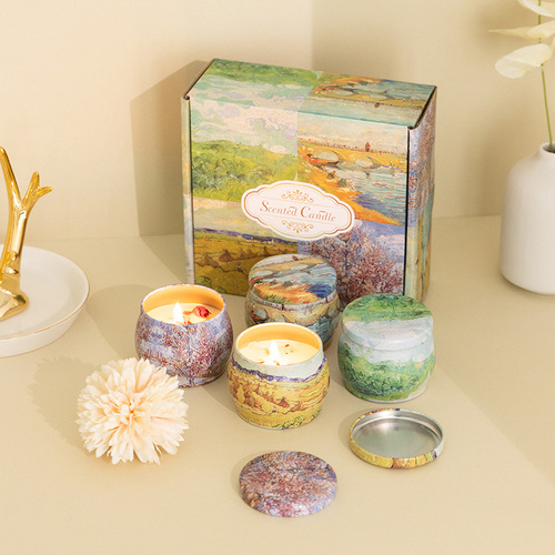 Hot selling gentle oil painting tin can aromatherapy candle, soy wax romantic aromatherapy candle for weddings