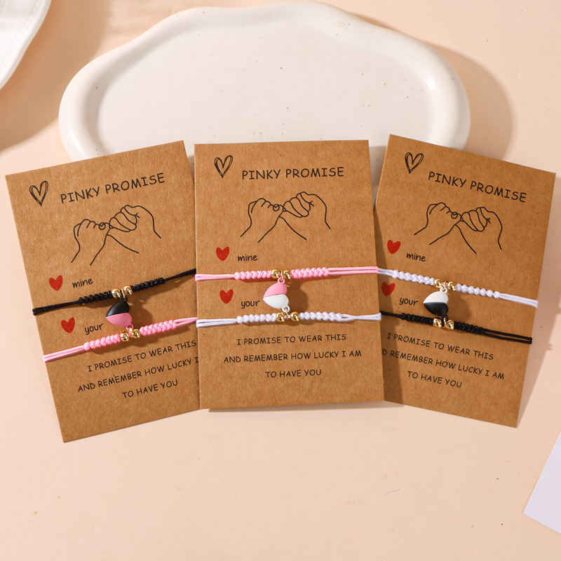 Amazon's Best-Selling Black and White Pink Color-Blocking Magnetic Love Heart Woven Couple Bracelets with Unique Design Wholesale