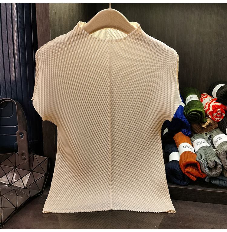Áo cổ đứng xếp li vảy rồng tay ngắn nữ cao cấp đa năng — Màu đen, Màu đỏ hoa hồng, Màu hồng, Màu xanh lá chi tiết 10