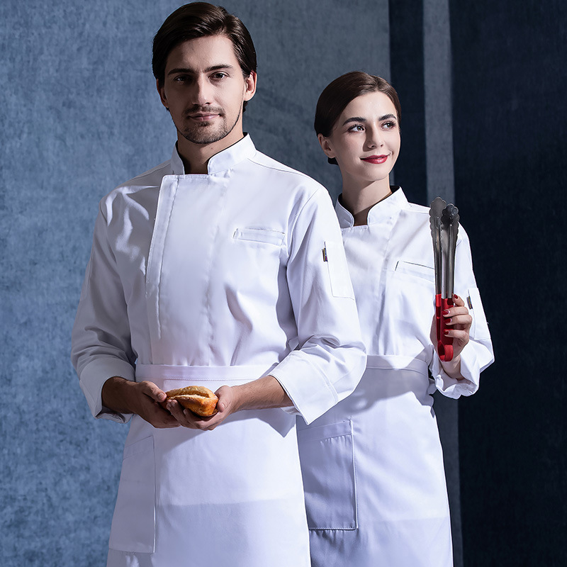 秋冬长袖加厚款厨师服批发定 制印字Logo拉链款厨师上衣围裙套装|ru