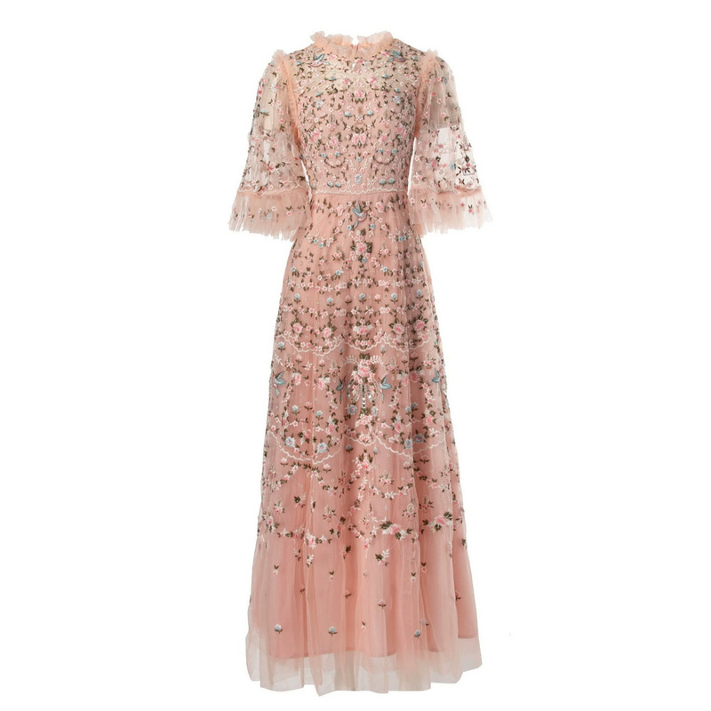 Four-color exquisite floral bird embroidery dress with bell sleeves, mesh, beaded sequins, large skirt, and waist-cinching design Four-color exquisite floral bird embroidery dress with bell sleeves, mesh, beaded sequins, large skirt, and waist-cinching design