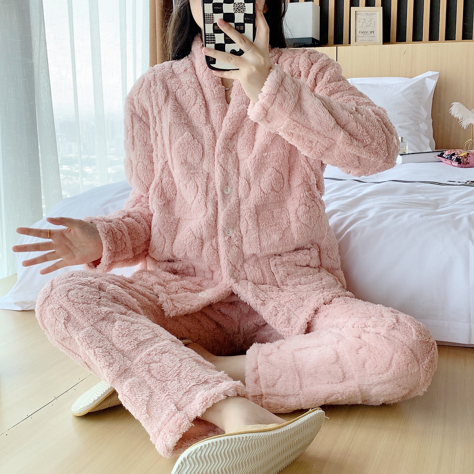 플란넬 브이넥 핑크 사랑 문 세트