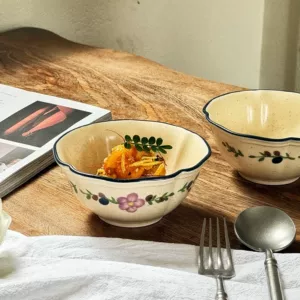 Ретро кунжутная глазурь, синий край, ручная роспись, кружевная миска, керамическая миска, миска для завтрака, миска для йогурта, миска для десерта, риса, бытовая миска