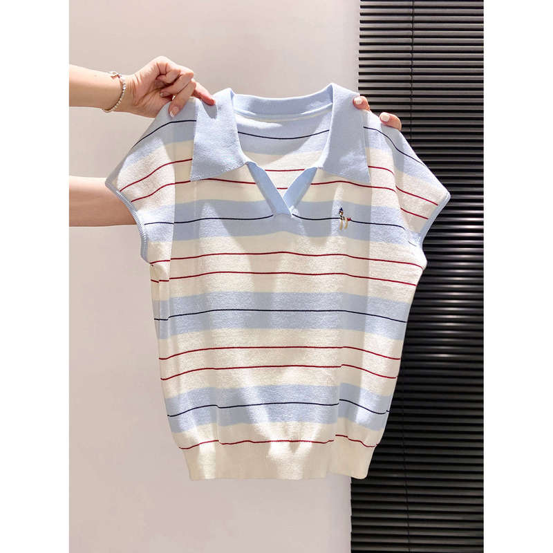 Short-Sleeve Knit Polo Shirt with Color-Block Stripes for Women, Summer High-End T-Shirt Short-Sleeve Knit Polo Shirt with Color-Block Stripes for Women, Summer High-End T-Shirt