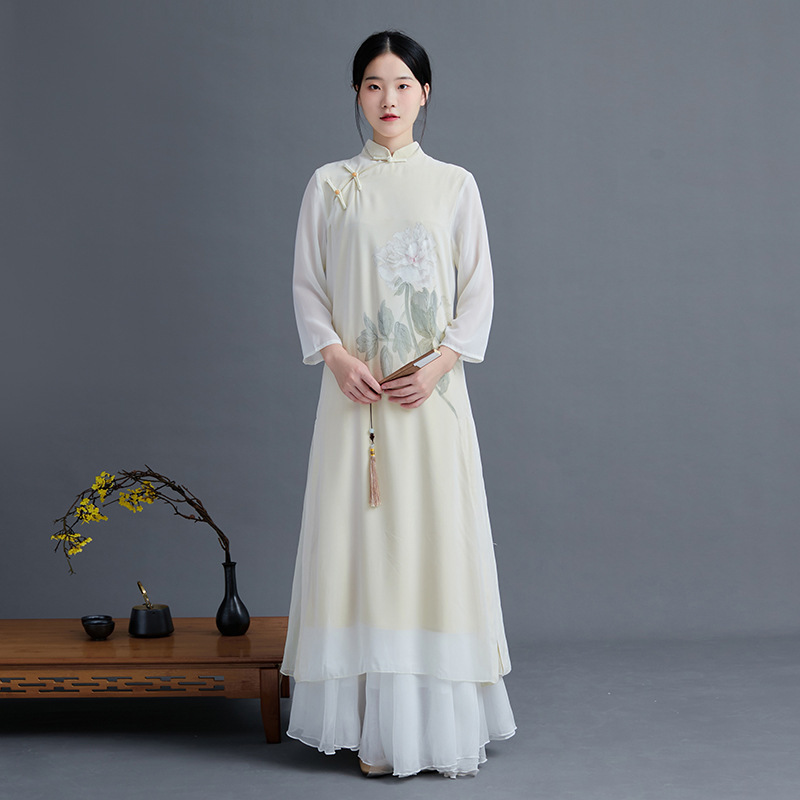 Dropshipping 2024 Summer Retro Chinese Style Improved Version Cheongsam Chiffon Zen Tea Dress Literary Dress for Women Dropshipping 2024 Summer Retro Chinese Style Improved Version Cheongsam Chiffon Zen Tea Dress Literary Dress for Women
