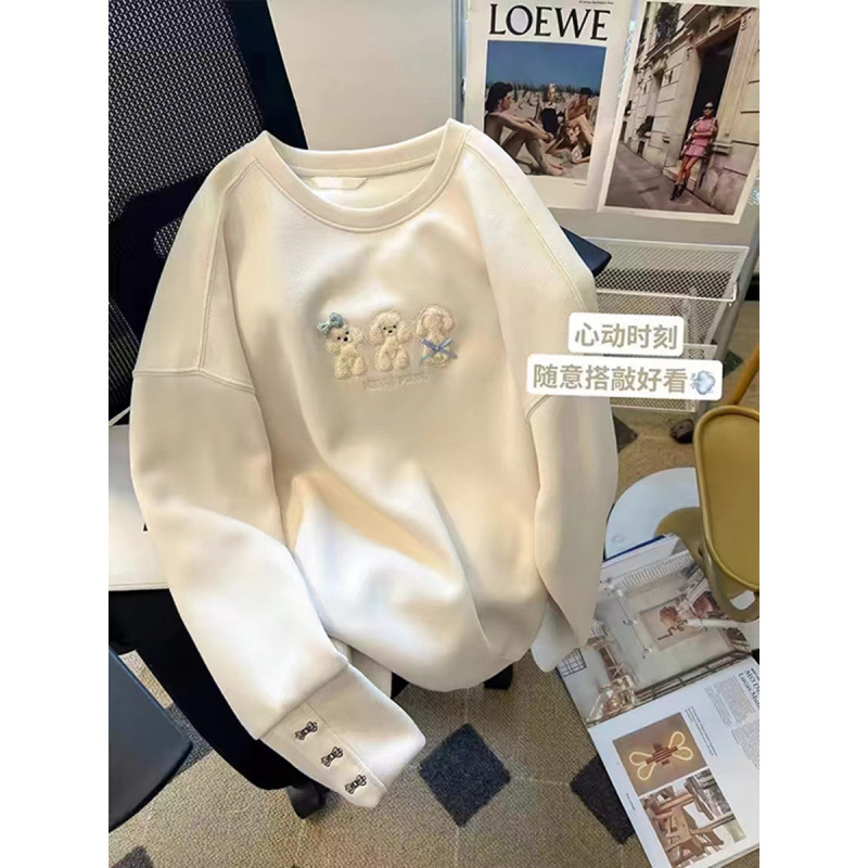 자수 베어 크루 넥 스웨트 셔츠 여성용 무식한 가을과 겨울 느슨한 슬림 재킷