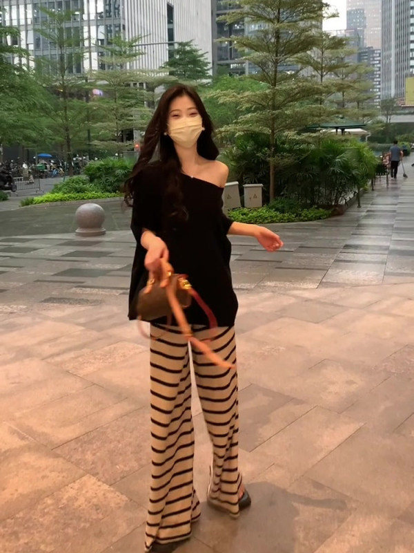 韩系条纹休闲裤女夏季新款2025宽松慵懒风显瘦松弛感长裤两件套潮|undefined