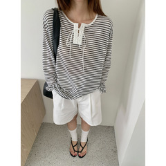 GAGD 2025SS 夏休みフレンチストライプニット日焼け止め通気性長袖レイジーリラックスTシャツトップ