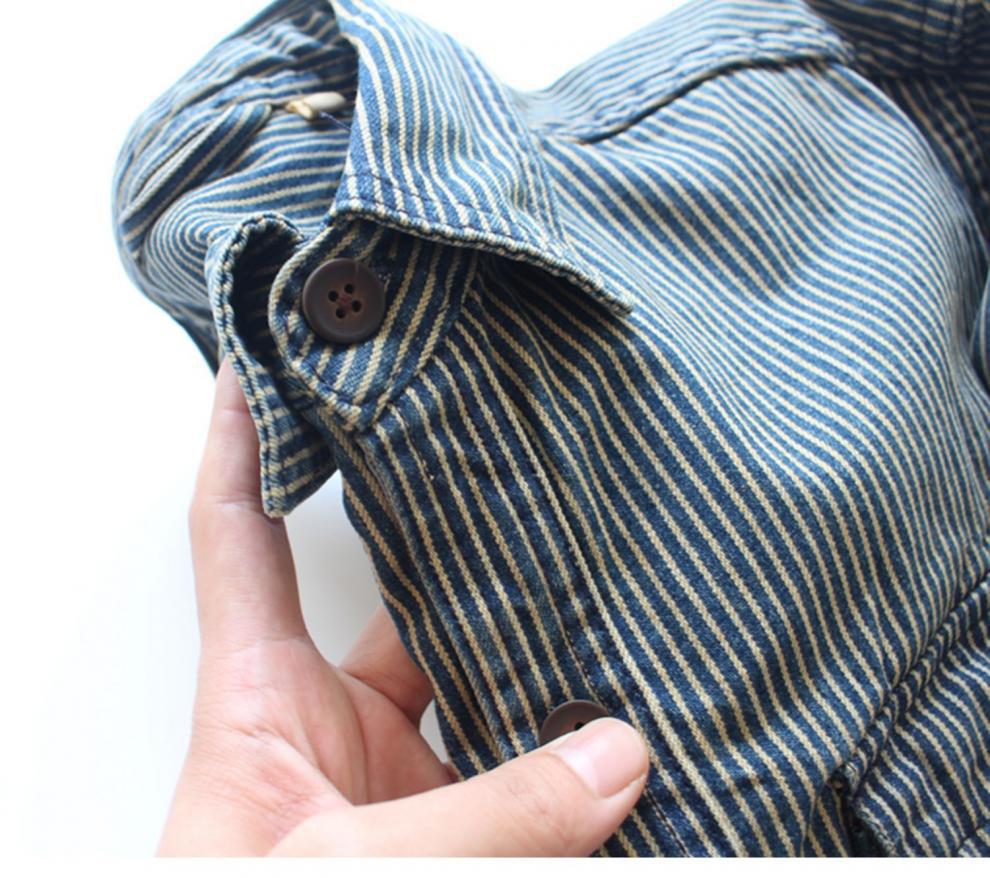 Vintage-Jeanshemd für Herren – Schweres, gestreiftes Langarm-Freizeithemd mit zwei Taschen, lockerer Passform, Polyester-Mischgewebe_voghion.com