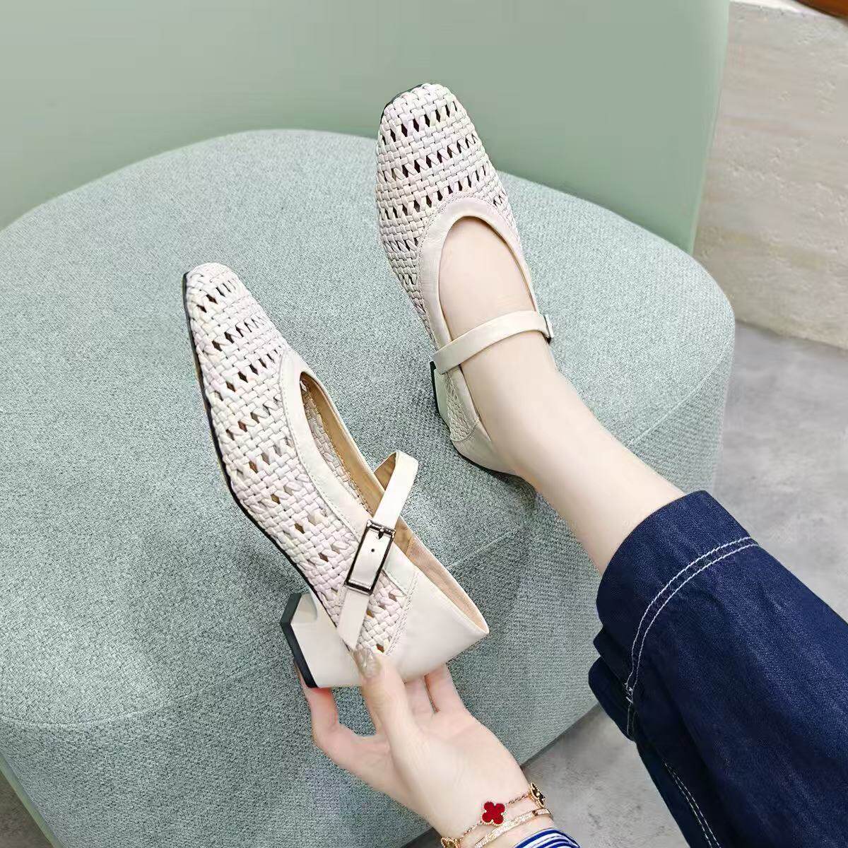Sandal nữ da thật mũi vuông dệt rỗng gót thô thấp 4 cm — màu be chi tiết 6