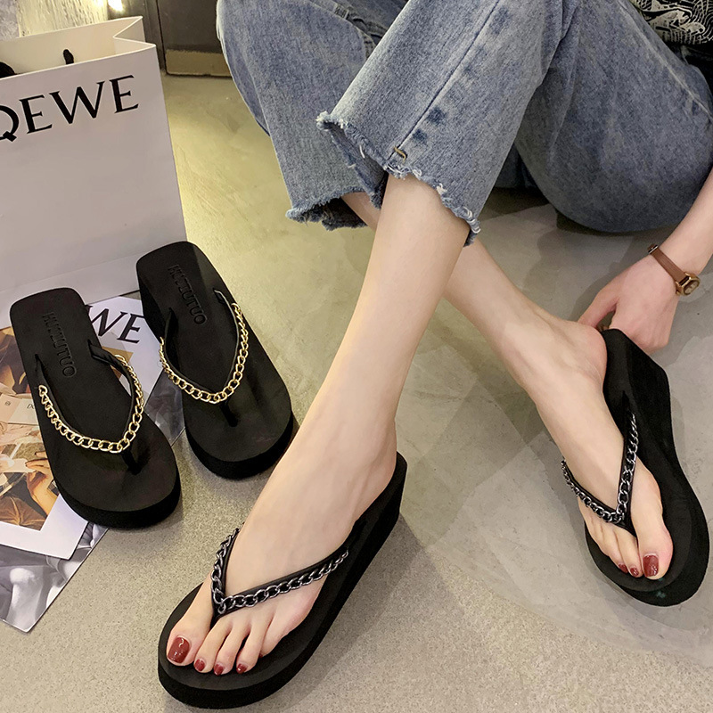 Slippers for Women to Wear Outside, Wedge Heels, Thick-Soled Flip-Flops, Women's Summer Flip-Flops, High Heels, Non-Slip Internet Celebrity Seaside Sandals