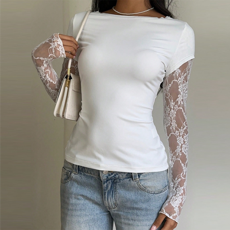 European and American Foreign Trade Women's Lace Patchwork Long-Sleeve T-Shirt 2026 New Model Cross-Border Amazon Sexy Slim-Fit Top European and American Foreign Trade Women's Lace Patchwork Long-Sleeve T-Shirt 2026 New Model Cross-Border Amazon Sexy Slim-Fit Top