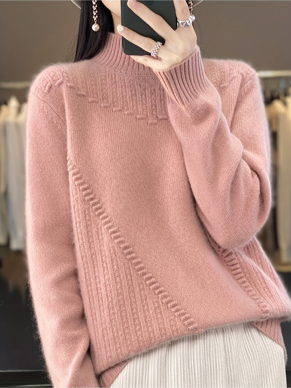 2025 Cross-Border New European and American Elegant Style Women's Soft Pink Cable Knitted Sweater Long Style