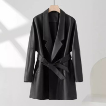 进口绵羊皮 真皮皮衣女 海宁2025年新款时尚风衣中长款西装领外套