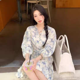 2024春夏秋女装真丝亚麻印花交叉系带V领收腰含打底吊带连衣裙