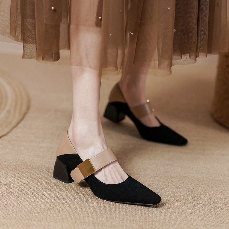 Retro two-tone elegant shoes square toe low-cut with metal buckle…