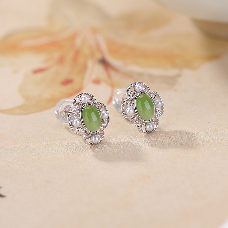 Khuyên tai bạc S925 đính ngọc bích hình tứ phương như ý — Cặp đôi