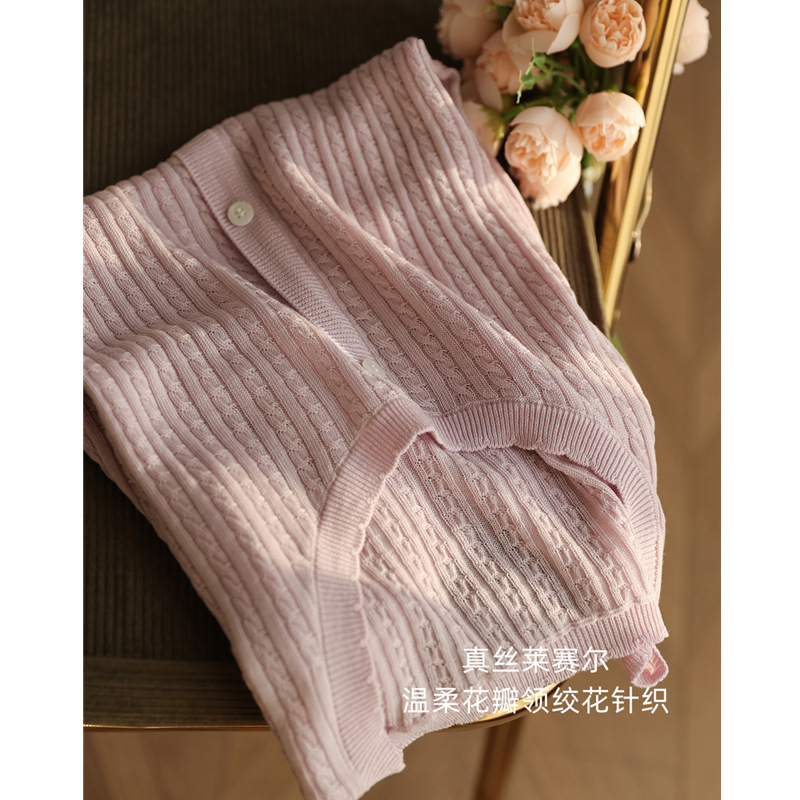 尽显温柔~真丝莱赛尔 花瓣圆领绞花针织衫短袖套衫上衣女夏季新