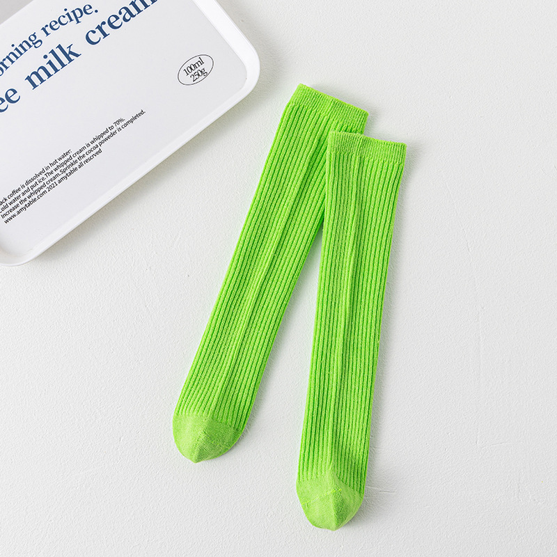 Calcetines de baile infantiles de colores brillantes, calcetines largos de color sólido para niños y niñas, calcetines hasta la pantorrilla de doble aguja, calcetines largos rectos al por mayor.