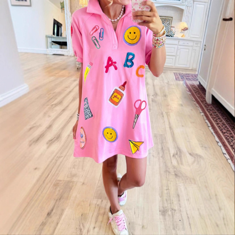 2025 European and American Trendy Brand Short-Sleeve Milk Silk Summer New Women's Printed Knit Versatile Elegant Open-Neck Dress