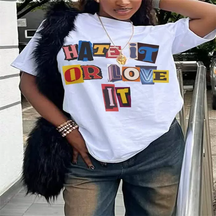 跨境现货女士夏季T恤印花时尚休闲可爱短袖女式圆领印花短袖 T 恤