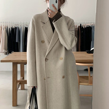 韩国chic冬季新款法式小众翻领双排扣高级感气质长款毛呢大衣外套
