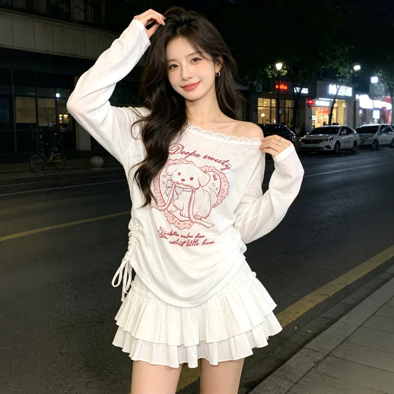 Gorgeous White Sweet Off-Shoulder Lace-Trimmed Long-Sleeve T-Shirt for Women, Summer Loose Sun-Protective Cover-Up, Slightly Sheer Top Gorgeous White Sweet Off-Shoulder Lace-Trimmed Long-Sleeve T-Shirt for Women, Summer Loose Sun-Protective Cover-Up, Slightly Sheer Top