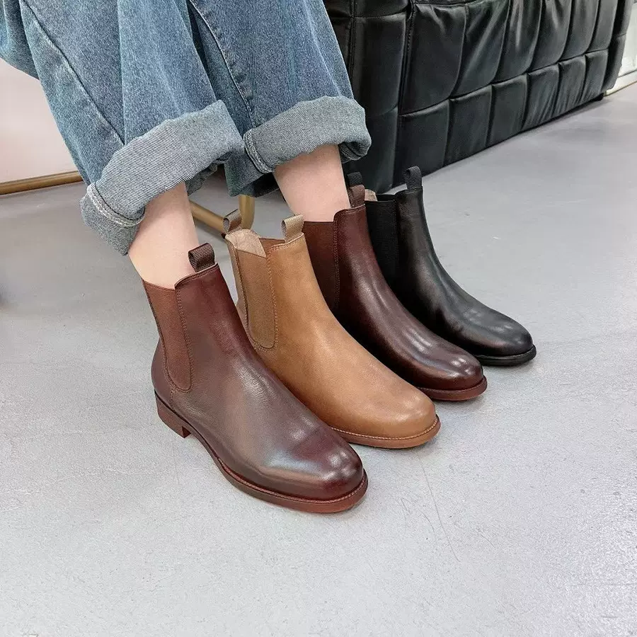 软牛皮切尔西靴女2024新款秋冬平底棕色短靴英伦及踝靴女鞋