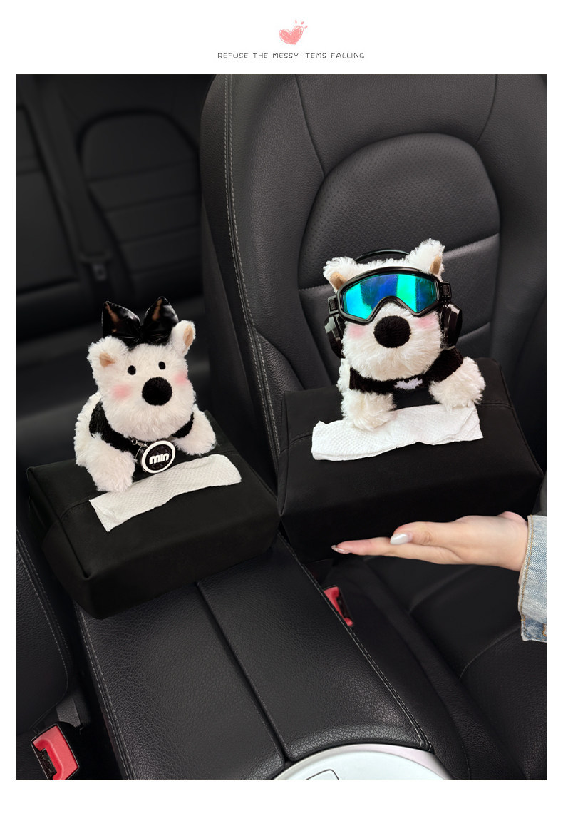 2026 New Cute West Highland Car Tissue Box, Armrest Box Tissue Holder, Seat-mounted Car Tissue Bag