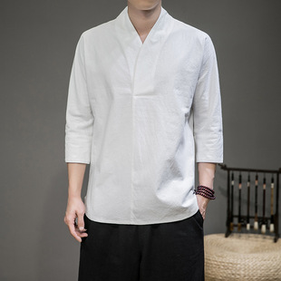 Chinese Style Short-Sleeved T-Shirt for Men, Summer Cotton and Linen Three-Quarter Sleeves, Loose Large Size Tang Suit, Han Dynasty Pure Color Casual Top Trendy