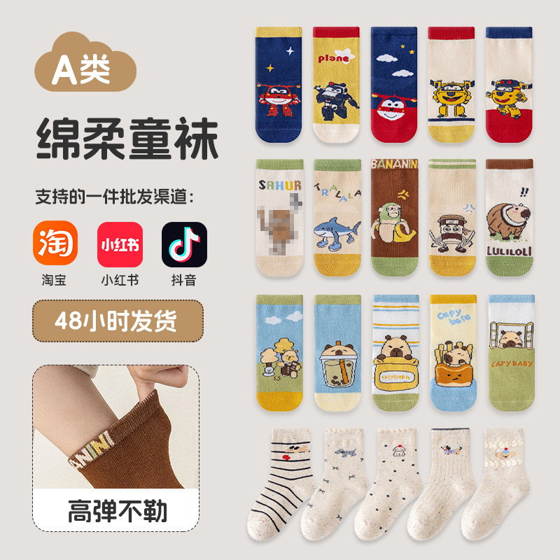 Cross-Border New Model of Shanhaijing Children's Socks, Five Pairs Pack, Cute Boys' and Girls' Autumn Sweat-Absorbing Mid-Calf Socks for Distribution