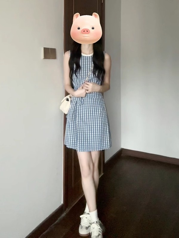 女性のための小さなノースリーブチェック柄ベストドレス夏のウエスト痩身フレンチスタイルレースアップAラインショートスカート|undefined