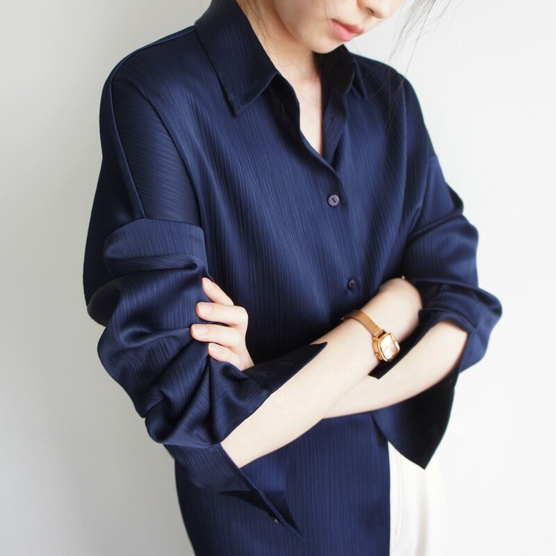 Navy Blue Dark Vertical Striped Silk Satin Matte Long-Sleeved Shirt for Women, Fashionable and Chic Top