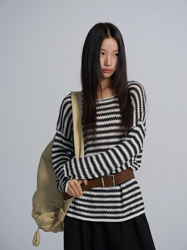 【欧凡】黑白条纹长袖针织毛衣女2025秋季新款时尚松弛感上衣3126|undefined