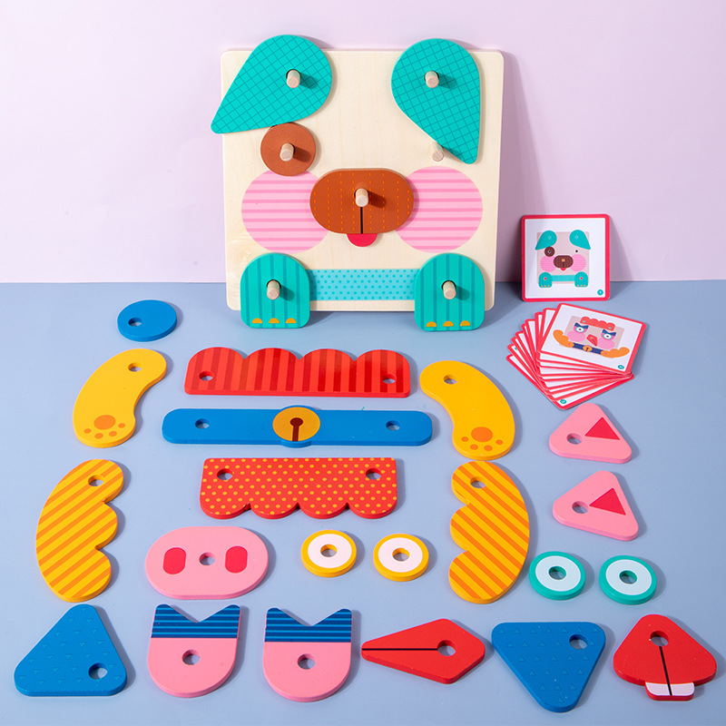 Educativo para niños diversión creativa cara cambiante expresión facial juego forma geométrica rompecabezas de Madera Juguetes de educación temprana