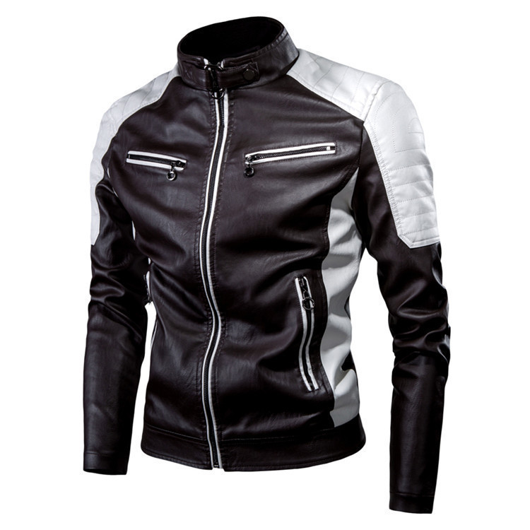 2020 Comercio exterior transfronterizo Otoño e Invierno chaqueta de cuero de costura de motocicleta casual cuello de pie de moda de los hombres chaqueta de cuero caliente Retro