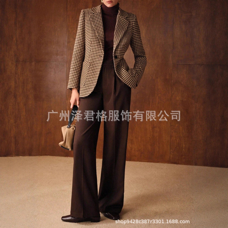 European and American Cross-Border Independent Station New Houndstooth Woolen Suit Jacket Women's Short Style 2022 Autumn and Winter New Elegant European and American Cross-Border Independent Station New Houndstooth Woolen Suit Jacket Women's Short Style 2022 Autumn and Winter New Elegant