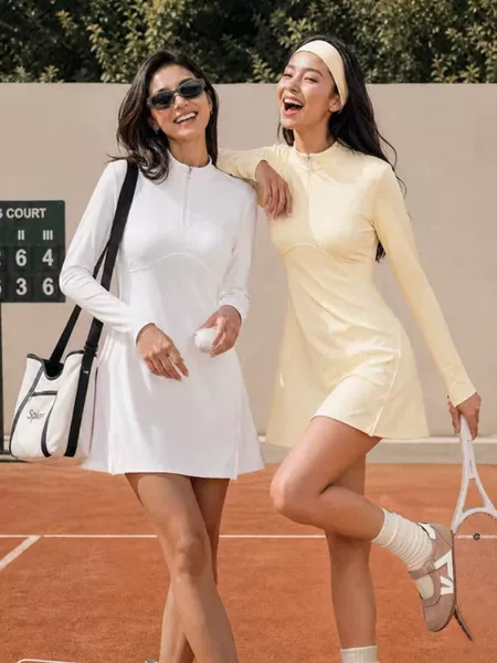 Women's quick-dry tennis skirt with stand-up collar and half-zip, anti-exposure sports skirt for outdoor golf, badminton, and tennis