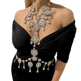 Amazon New exaggerated tassel chest chain European and American sexy party banquet rhinestone Body chain female Body chain