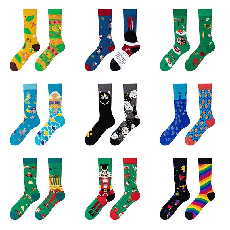 Women's mid-calf socks for outdoor wear, trendy autumn long socks, AB asymmetric mismatched socks, sports and casual men's socks, cartoon cotton socks