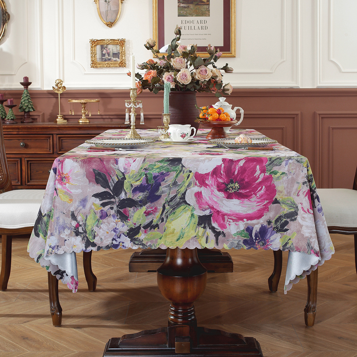 Ink Painting Retro Blue Leaves Pastoral Print Tassel French Tablecloth Picnic Mat Fabric Cover Tablecloth