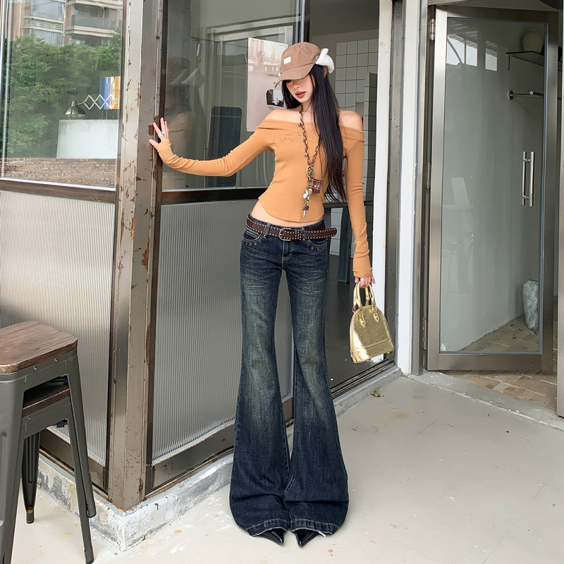 【Jinyin】American Retro Back Pocket Rivet Design Low-Waist Flared Jeans Slimming Hot Girl Bell-Bottom Pants
